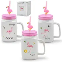 Кружка-банка с трубочкой Stenson Flamingos R-29544 400 мл