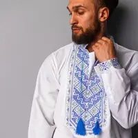 Вышиванка Moderika Назар белая с серо-синим орнаментом