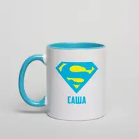 Кружка "Супермен" персонализированная, Голубой, Деревянная подарочная коробка с гравировкой, 330 мл