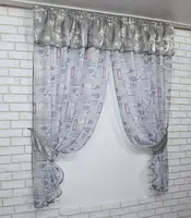 Кухонний комплект, (280х170см.) шторки з ламбрекеном і підхватами. Колір молочно-синий з сірим. Код 084к 50-412