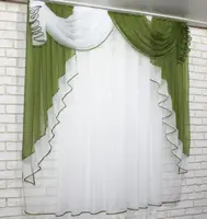 Кухонний (150х170см.) ламбрекен з тюллю. Колір оливковий з білим. Код 093к