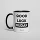 Кружка "Good luck mudak", Черный, английский, Деревянная подарочная коробка с гравировкой, 330 мл
