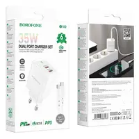 Адаптер мережевий BOROFONE Type-C to Type-C cable Reacher dual Port charger set BN9 |2Type-C, 35W/3A, PD/QC|