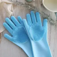 Силиконовые перчатки SUNROZ для мытья посуды со щеточкой Голубой