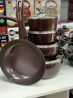 Набір каструль зі сковородою для кухні граніт круглий 9 предметів ПК-313 кави