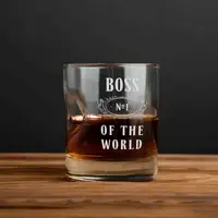 Стакан с пулей "Boss №1 of the world" для виски, английский, Деревянная подарочная коробка с гравировкой