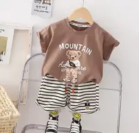 Костюм на літо хлопчику з ведмедиком Mountain коричнева футболка і шорти в полоску 10498, розмір 80