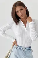 Кофта-поло в рубчик із довгими рукавами - білий цвет, ONE SIZE