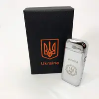Дуговая электроимпульсная зажигалка USB Герб Украины (индикатор заряда, фонарик) HL-442. Цвет: серебро
