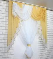 Кухонна (150х170см.) занавіска, ламбрекен і тюль. Колір бурштиновий з білим. Код 067к