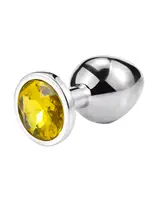 Металлическая анальная пробка Silver, yellow crystal размер М
