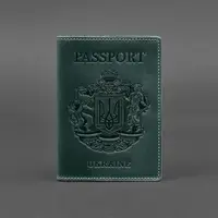 Кожаная обложка для паспорта с украинским гербом зеленая