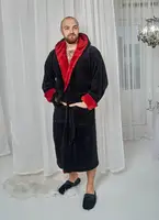 Халат Мужской махровый с капюшоном теплый 4002 черный - красный 2XL
