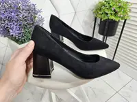 Туфли черные лодочки замшевые на широком каблуке, Размер 38 (24,5 см)
