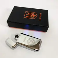 Дугова електроімпульсна запальничка USB Герб України індикатор заряду, ліхтарик HL-442. Колір: срібло