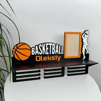 Велика медальниця для баскетболіста з полицею для кубків, дерев'яний тримач медалей Баскетбол, іменна медальниця з фоторамкою