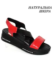 Женские кожаные черно-красные босоножки на резинках красный