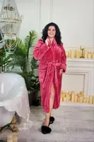 Теплий Довгий Жіночий Махровий Халат Батал - Червоно Рожевий 1023 (2XL - 5XL)