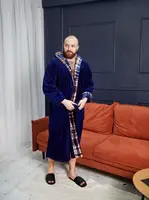 Халат Мужской махровый с капюшоном теплый 4002 темно синий клетка XL