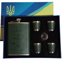Подарунковий набір UKRAINE 6в1 зелений (фляга, 4 чарки, лійка) Гранд Презент WKL-080