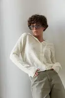 Легкий в'язаний кардиган на ґудзиках із капюшоном - молочний цвет, ONE SIZE