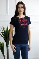Прекрасная темно-синяя вышитая женская футболка с вышитым орнаментом. 3XL