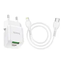 Адаптер сетевой HOCO Type-C to Lightning Cable Prestige charger set N20 |1USB/1Type-C, 20W, 3A, QC/PD|