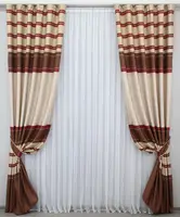Комплект (2шт. 1х2,7м.) штор із тканини льон блекаут, смужки. Колір бежевий з бордовим. Код 781ш 31-551