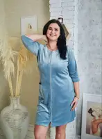 Жіночий Велюровий Халат на Блискавці 707 - Блакитний (L - 3XL)