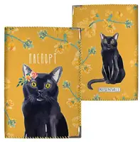 Обложка на паспорт Чёрный кот на желтом фоне (ткань)